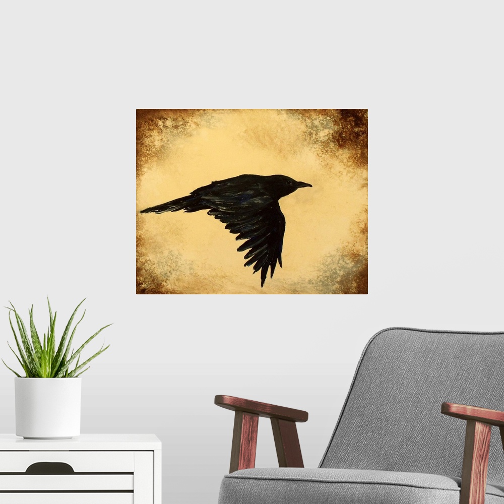 A modern room featuring A black crow in flight.