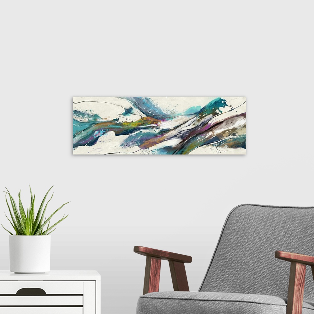 A modern room featuring A large horizontal abstract painting is bold, sweeping brush strokes in tones of blue, purple, or...
