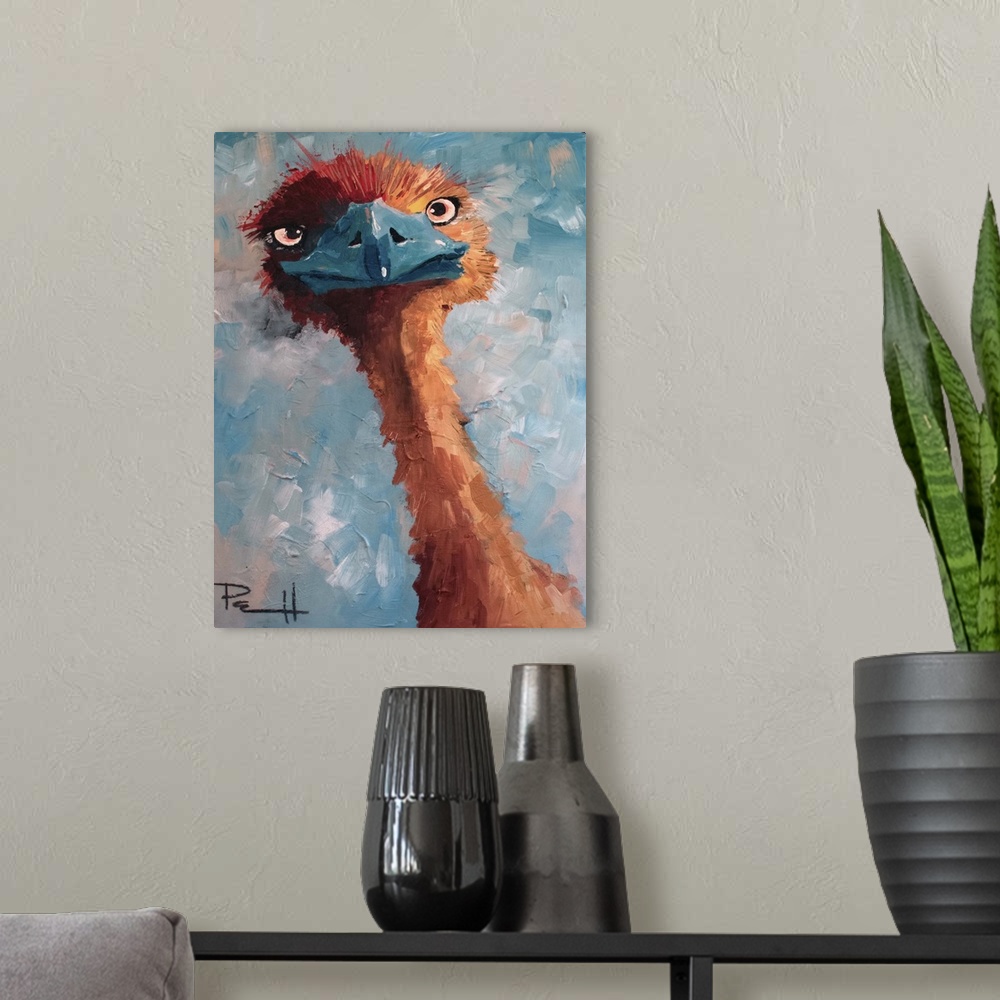 A modern room featuring Humorous painting of an emu.