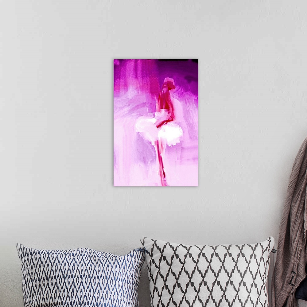 A bohemian room featuring Painting of a ballerina wearing a white dress, in shades of deep pink.