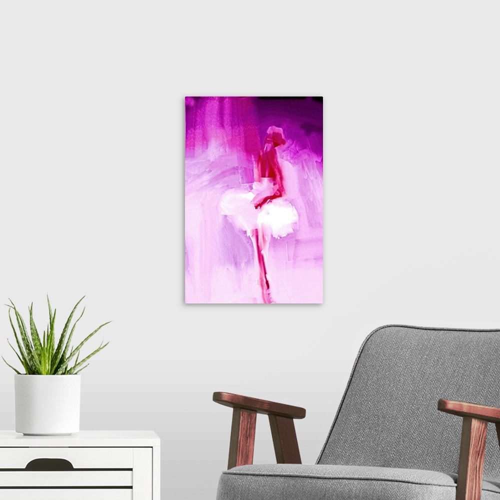 A modern room featuring Painting of a ballerina wearing a white dress, in shades of deep pink.