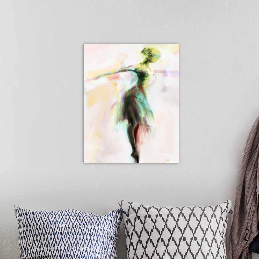 A bohemian room featuring Figurative painting of a ballerina dancing.