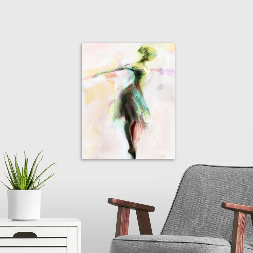 A modern room featuring Figurative painting of a ballerina dancing.