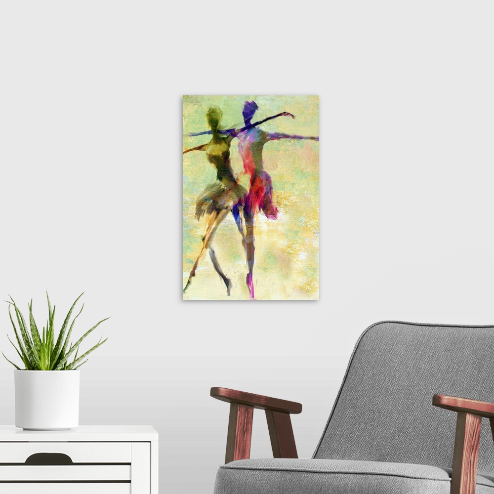 A modern room featuring Painting of the figure of two ballerinas.
