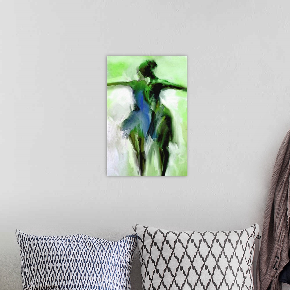 A bohemian room featuring Painting of the figure of two ballerinas in shades of green.