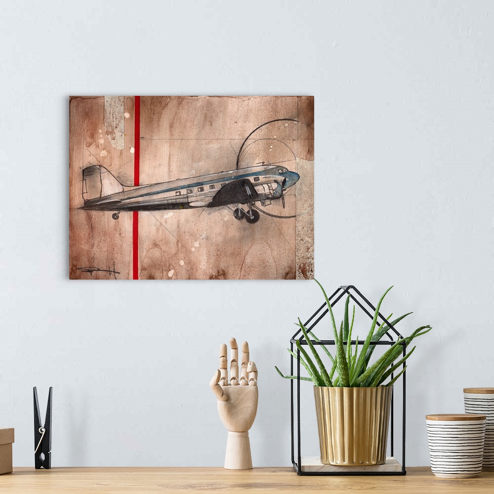 A bohemian room featuring Painting of an airplane on a textured brown background.