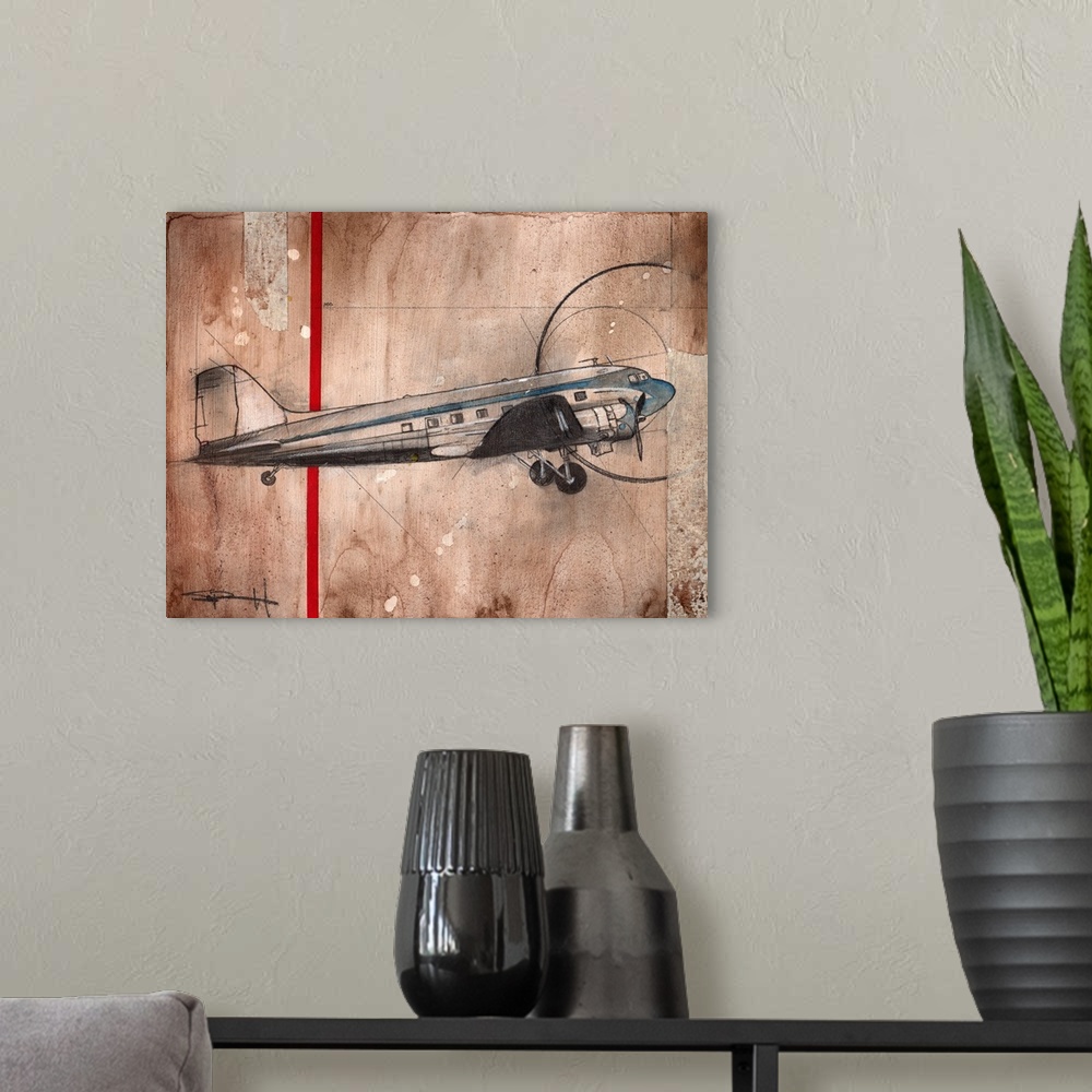 A modern room featuring Painting of an airplane on a textured brown background.