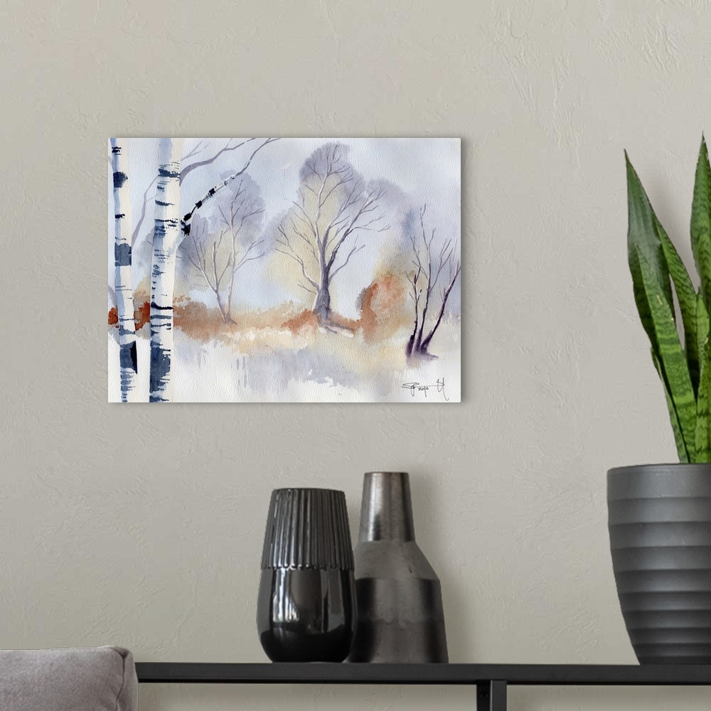 A modern room featuring Watercolor painting of a snowy landscape with birch trees.