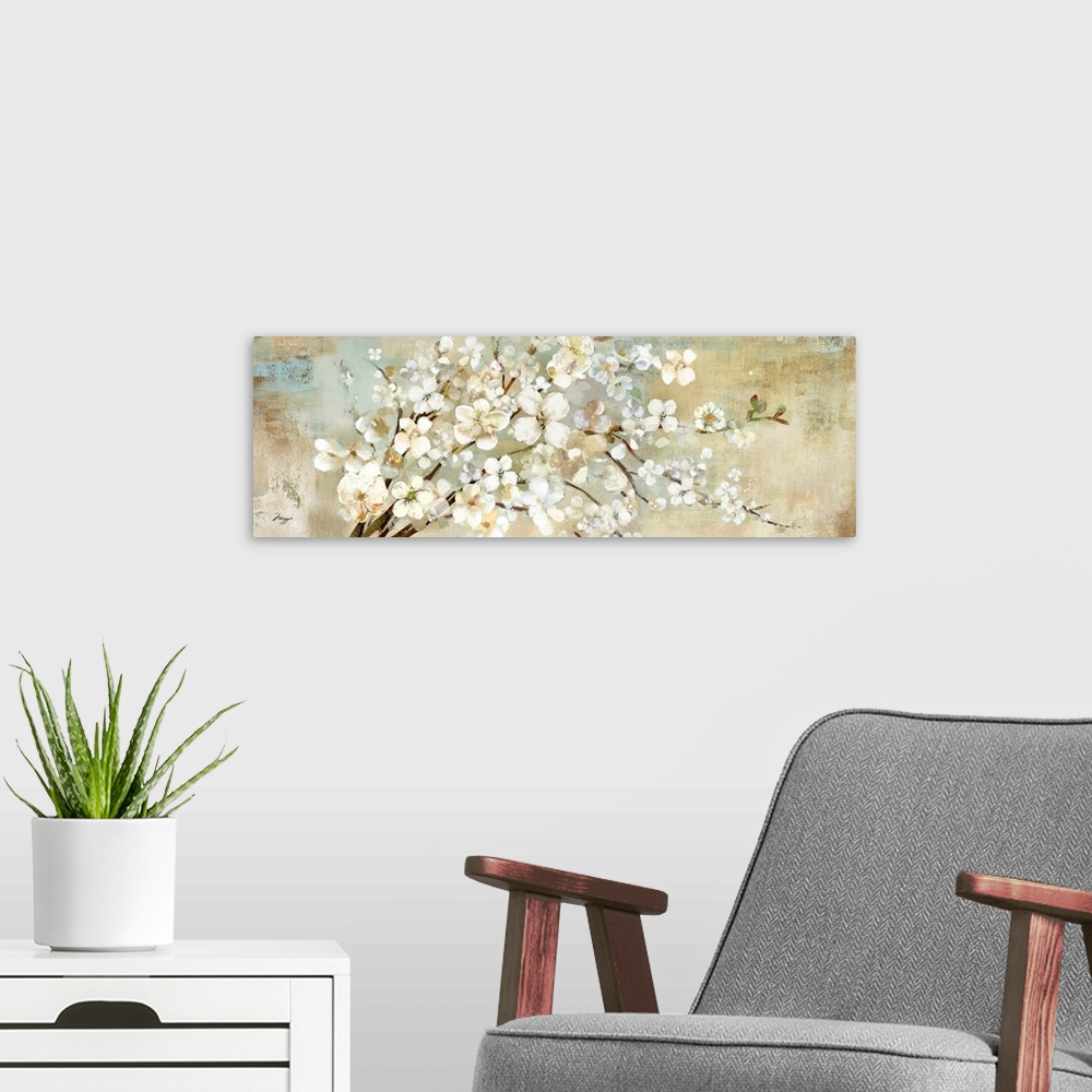 A modern room featuring A panoramic painting of a branch of white blossoms against a neutral backdrop.