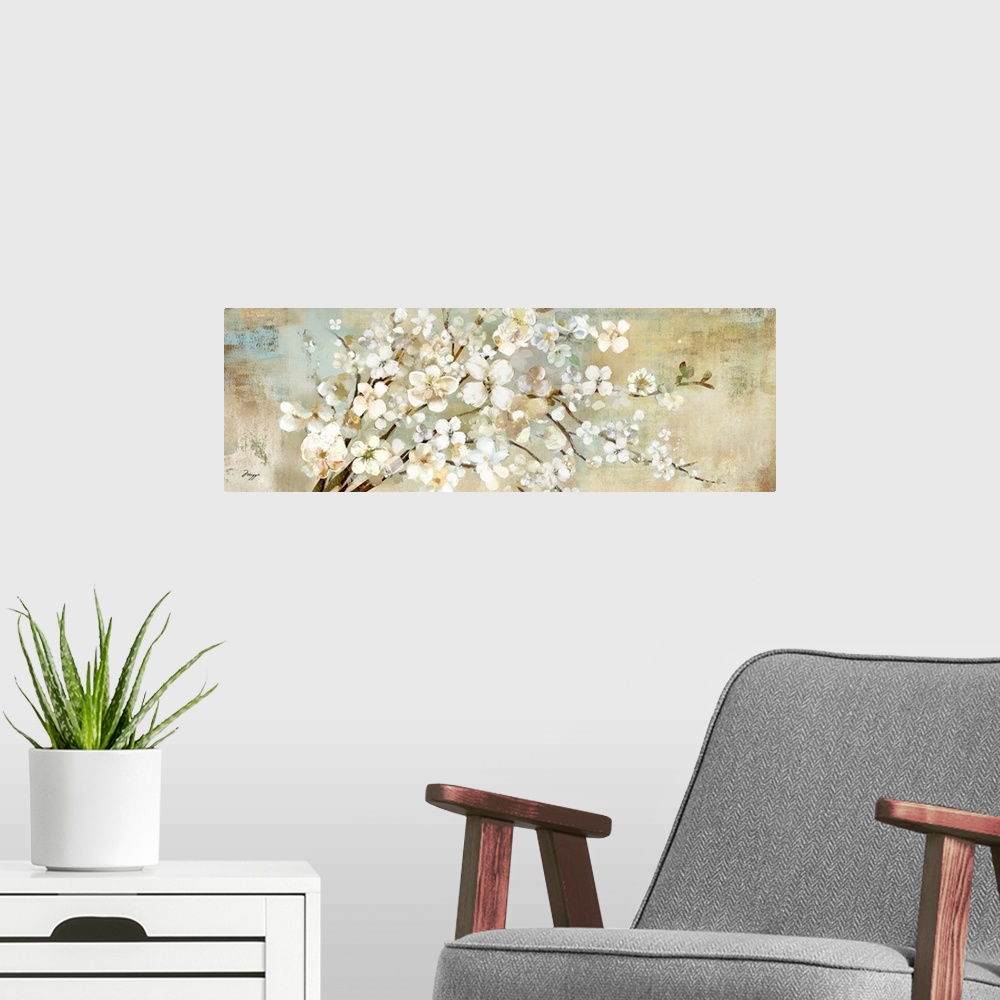 A modern room featuring A panoramic painting of a branch of white blossoms against a neutral backdrop.