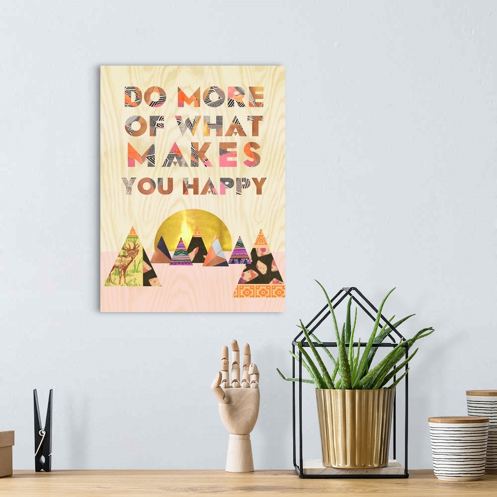 A bohemian room featuring A group of patterned teepees with a golden sun under motivational text.