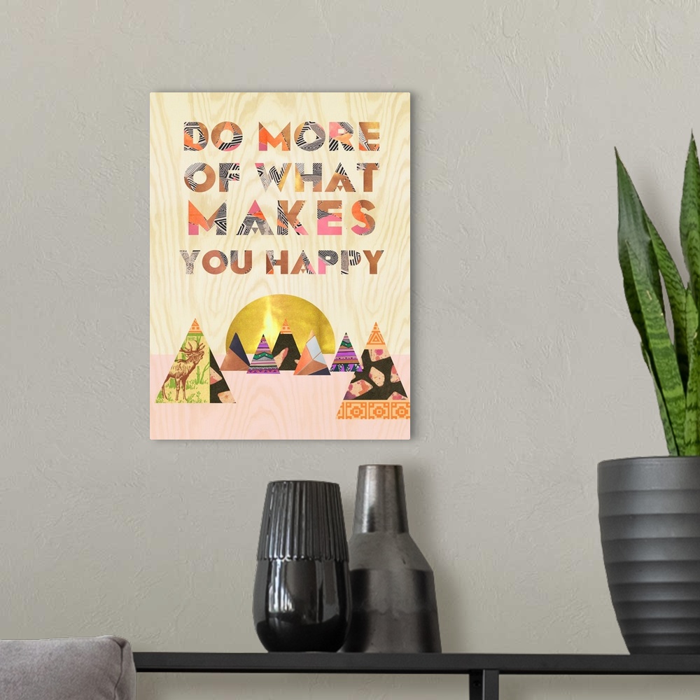 A modern room featuring A group of patterned teepees with a golden sun under motivational text.