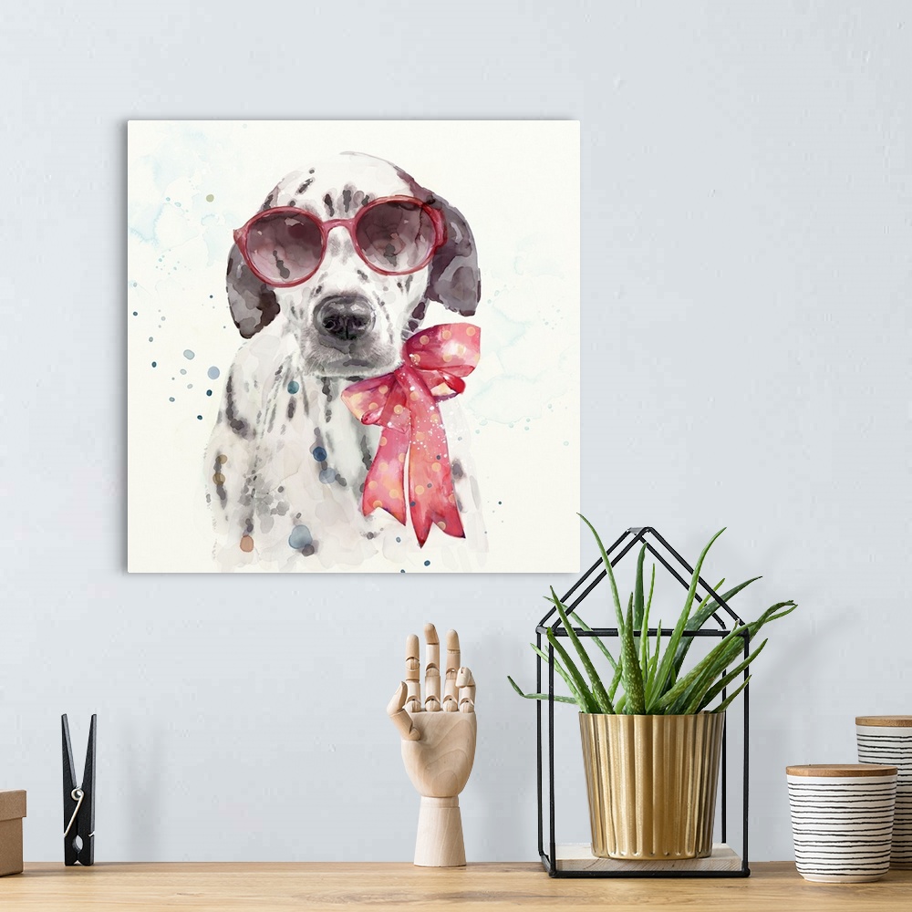 A bohemian room featuring Adorable image of a dalmatian wearing red sunglasses and a large red bow with light paint spatter...