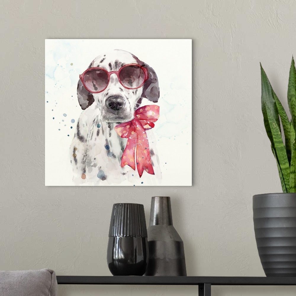 A modern room featuring Adorable image of a dalmatian wearing red sunglasses and a large red bow with light paint spatter...