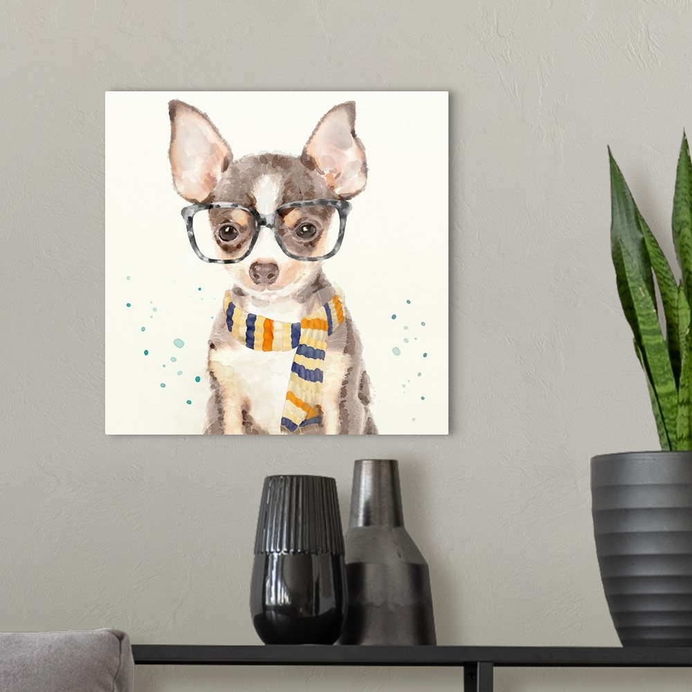 A modern room featuring Adorable image of a chihuahua wearing red sunglasses and a scarf with light paint spatters throug...