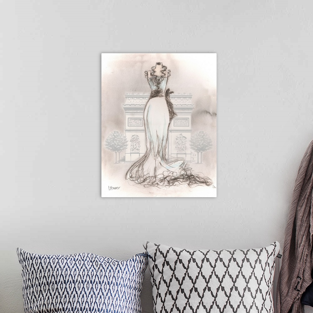A bohemian room featuring Watercolor painting of a white dress on a dress form, in front of the Arc de Triomphe.