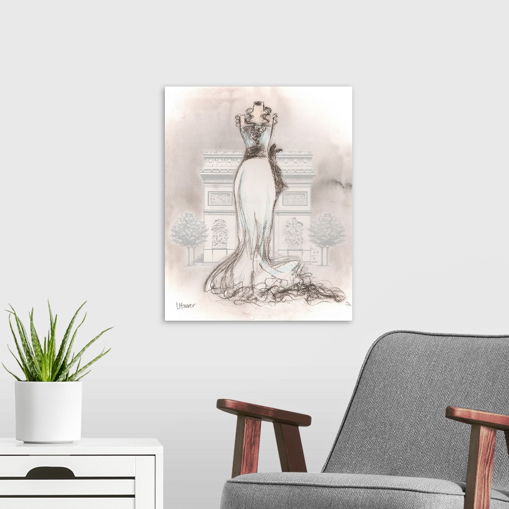 A modern room featuring Watercolor painting of a white dress on a dress form, in front of the Arc de Triomphe.
