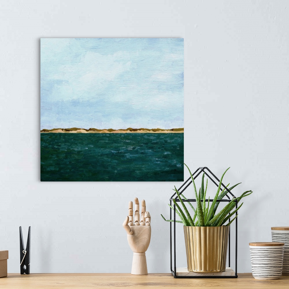 A bohemian room featuring Contemporary painting of a sand dunes on the shore of a lake.
