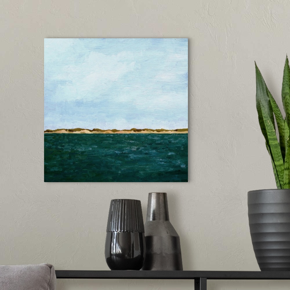 A modern room featuring Contemporary painting of a sand dunes on the shore of a lake.