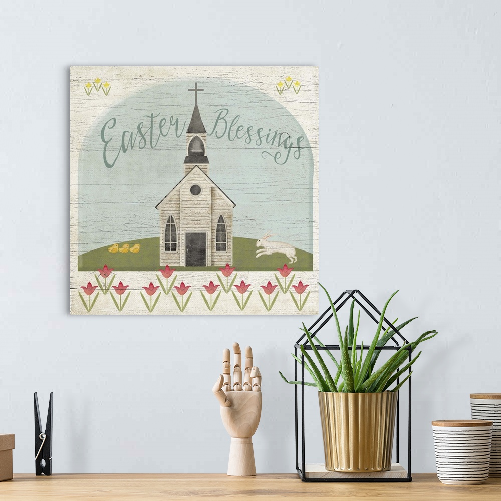 A bohemian room featuring Vintage style illustration of a church in the springtime on a faux wooden board background.