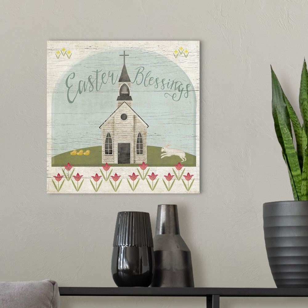 A modern room featuring Vintage style illustration of a church in the springtime on a faux wooden board background.