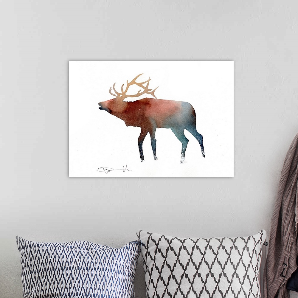 A bohemian room featuring Watercolor painting of an elk silhouette.