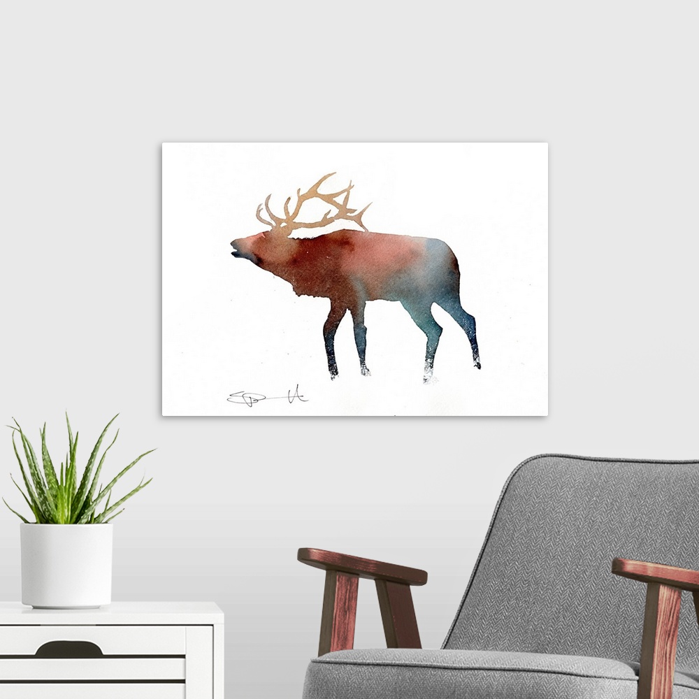 A modern room featuring Watercolor painting of an elk silhouette.