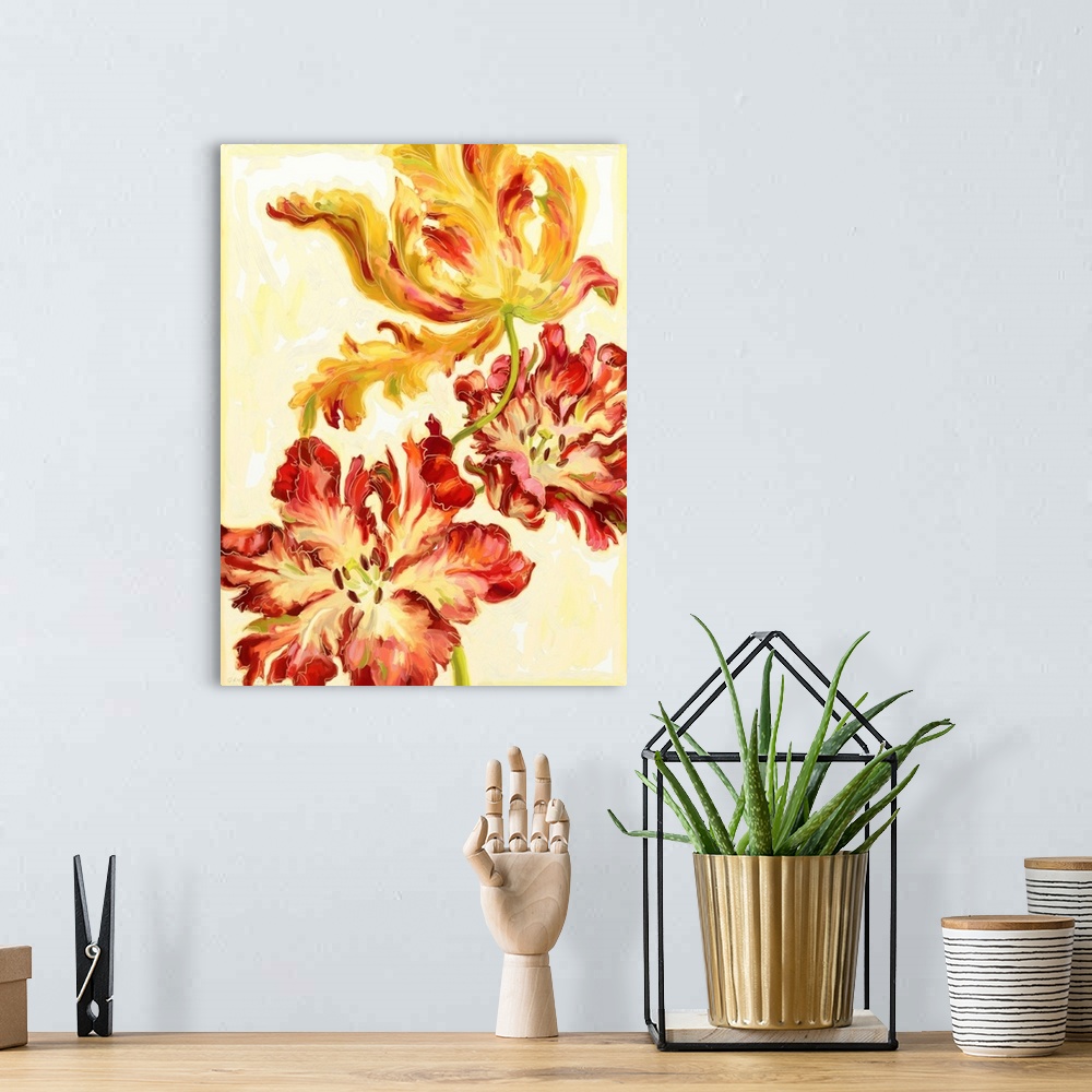 A bohemian room featuring Watercolor artwork of fiery red and yellow tulips.