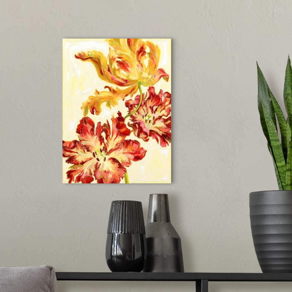 A modern room featuring Watercolor artwork of fiery red and yellow tulips.