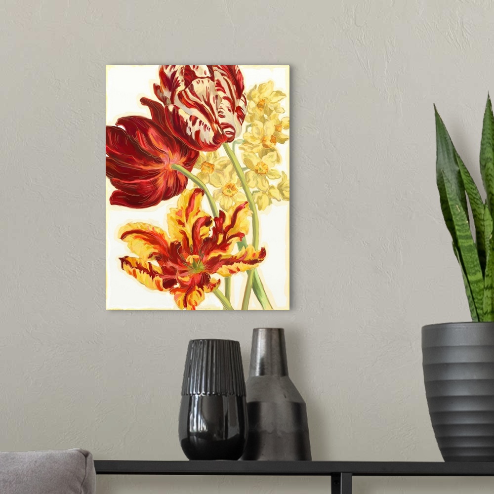 A modern room featuring Watercolor artwork of fiery red and yellow tulips.