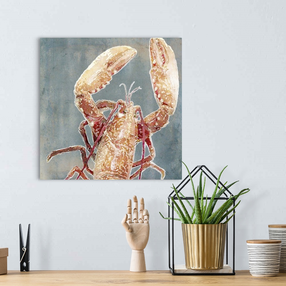 A bohemian room featuring Watercolor painting of a lobster with large claws.