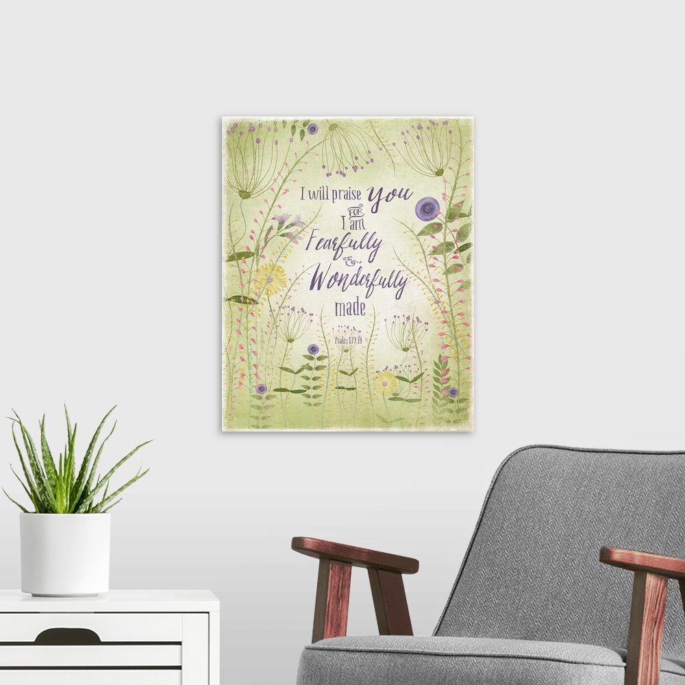 A modern room featuring Bible verse illustrated with green and lavender flowers.