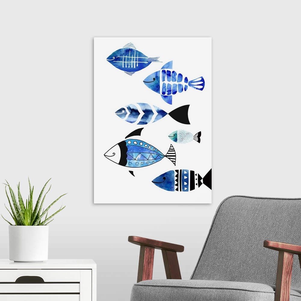 A modern room featuring A modern watercolor design of a group of fish in different patterned colors of blue and green.
