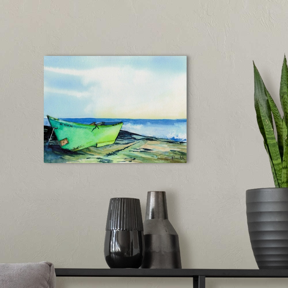 A modern room featuring A green boat on a rocky shore near the ocean.