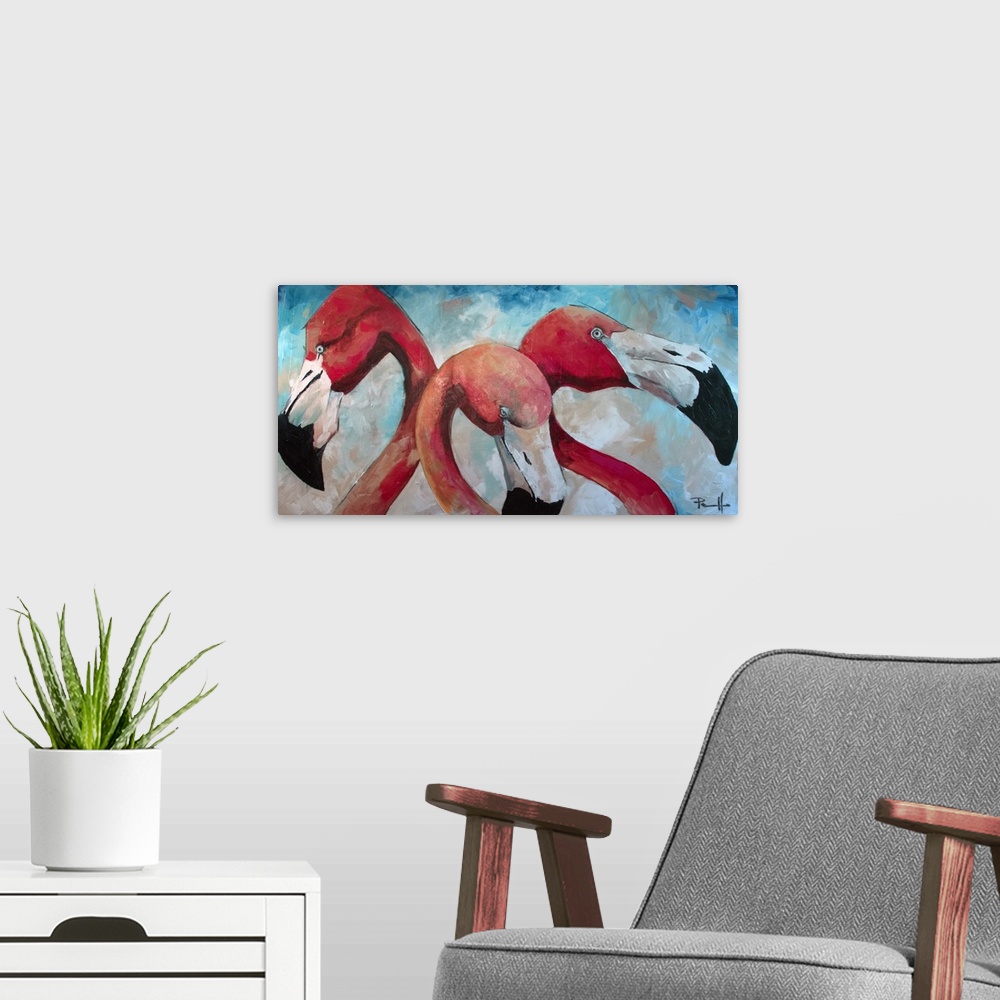 A modern room featuring Painting of three pink flamingos.