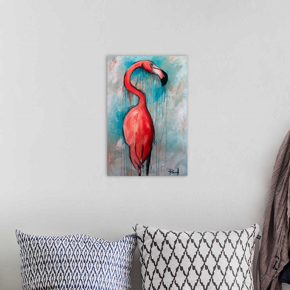 A bohemian room featuring Painting of a pink flamingo standing tall.