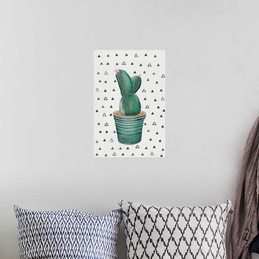 A bohemian room featuring Creative artwork of a blooming cactus in a teal flowerpot on a white background with small triang...