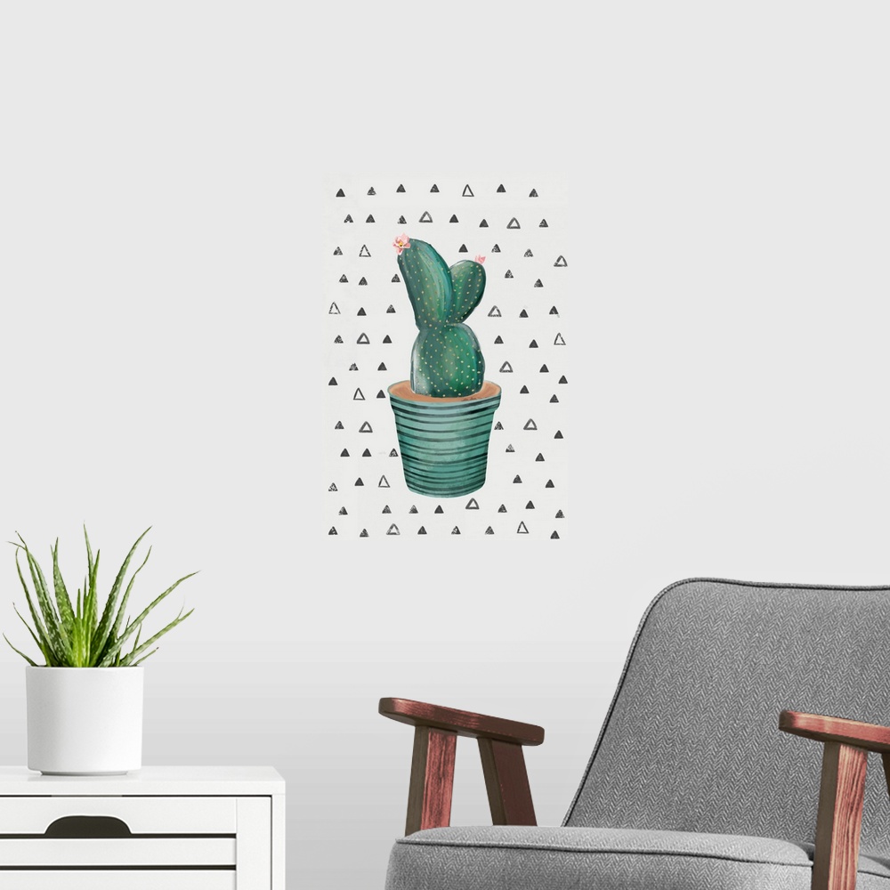 A modern room featuring Creative artwork of a blooming cactus in a teal flowerpot on a white background with small triang...