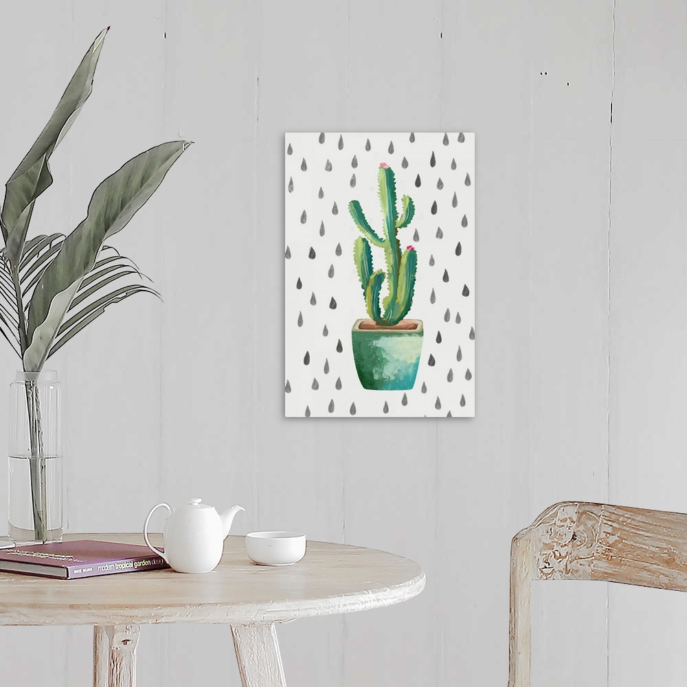 A farmhouse room featuring Creative artwork of a blooming cactus in a teal flowerpot on a white background with small teardr...