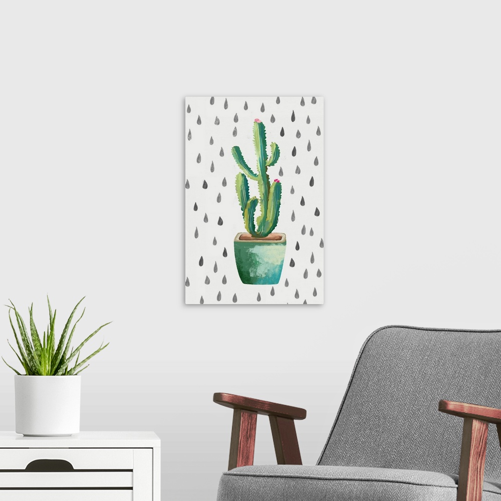 A modern room featuring Creative artwork of a blooming cactus in a teal flowerpot on a white background with small teardr...