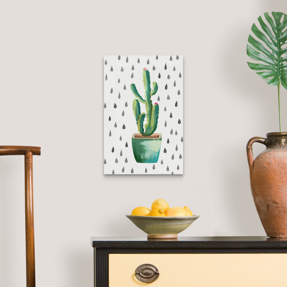A traditional room featuring Creative artwork of a blooming cactus in a teal flowerpot on a white background with small teardr...