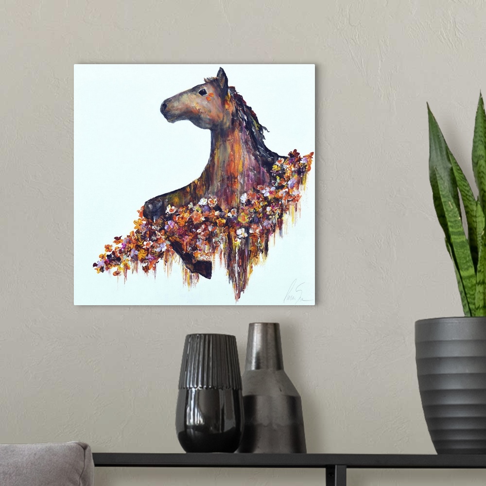 A modern room featuring A prancing horse surrounded by blooming flowers.