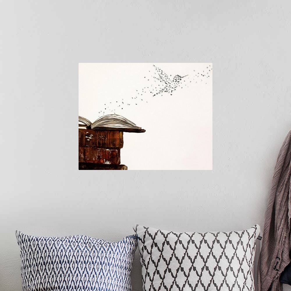 A bohemian room featuring Dust flying off the pages of a book forming a hummingbird shape.