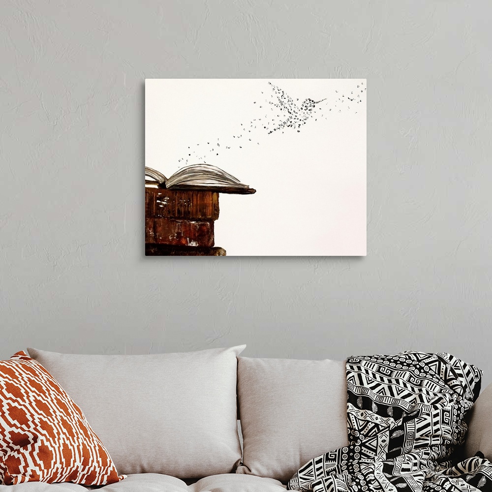 A bohemian room featuring Dust flying off the pages of a book forming a hummingbird shape.