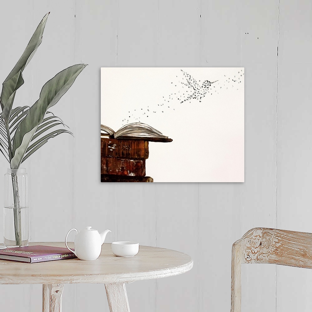 A farmhouse room featuring Dust flying off the pages of a book forming a hummingbird shape.