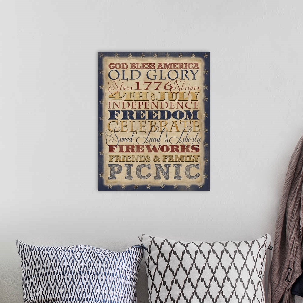 A bohemian room featuring Typography artwork with a patriotic United States theme.
