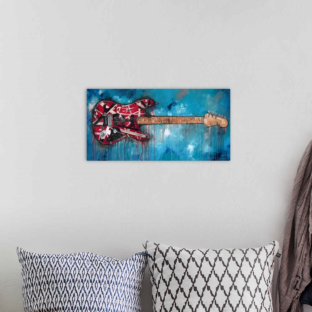 A bohemian room featuring Painting of a red electric guitar.