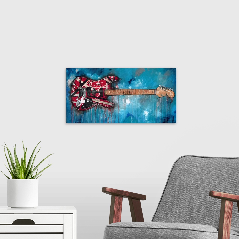 A modern room featuring Painting of a red electric guitar.
