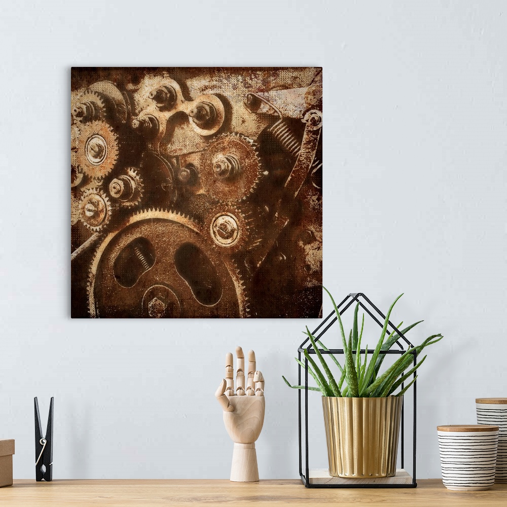 A bohemian room featuring A decorative image of a close up look of rusted gears of a clock with a distressed overlay.