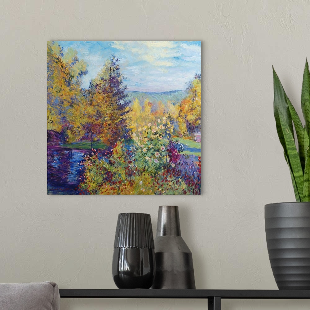 A modern room featuring Painting of a garden with blooming trees and a pond in an impressionist style.